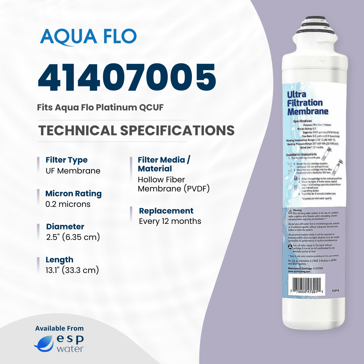 Aqua Flo 41407005 0.2-micron ultrafiltration membrane specifications