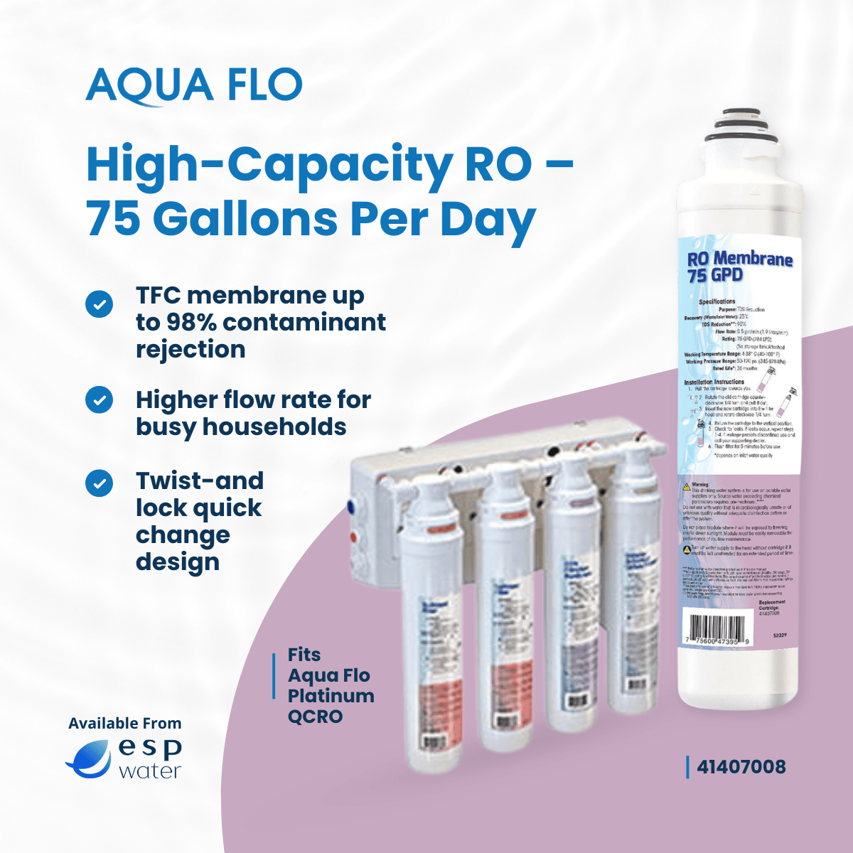 Aqua Flo 41407008 quick-change 75 GPD reverse osmosis membrane features