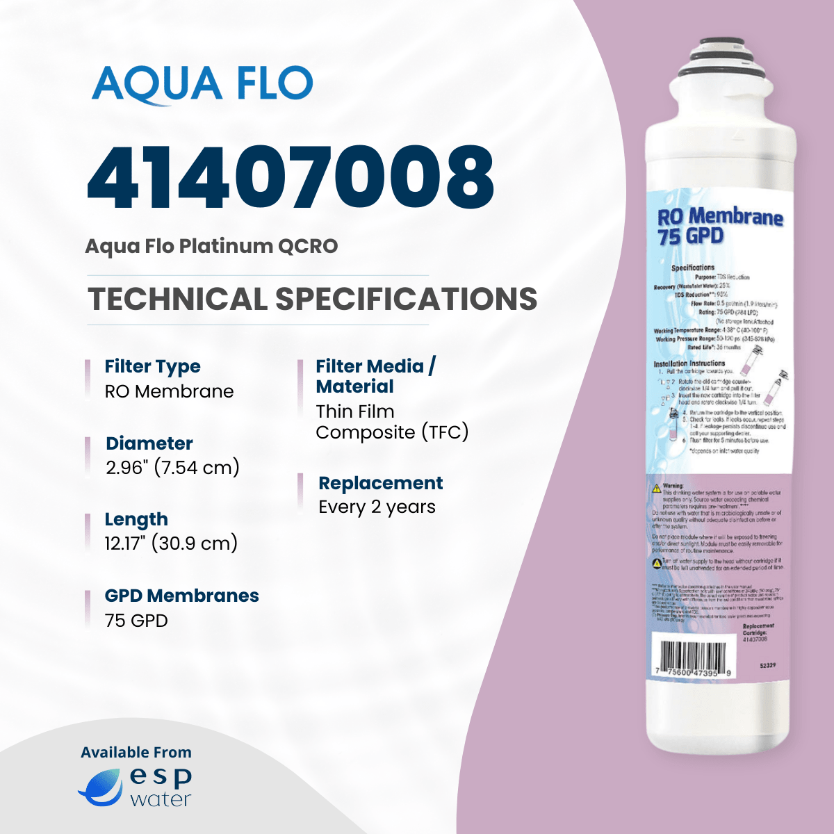Aqua Flo 41407008 75 GPD quick-change reverse osmosis membrane specifications
