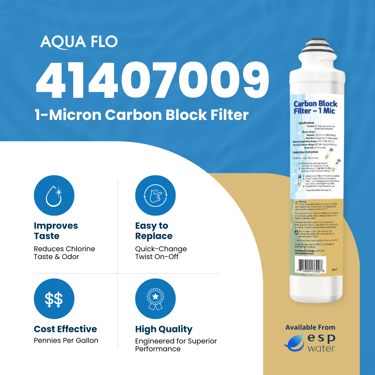 Aqua Flo 41407009 carbon block filter benefits for chlorine, taste and odor reduction