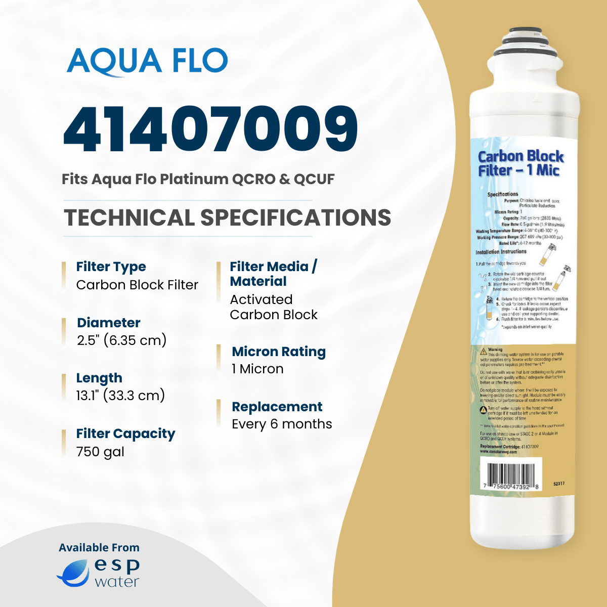 Aqua Flo 41407009 1-micron carbon block filter specifications