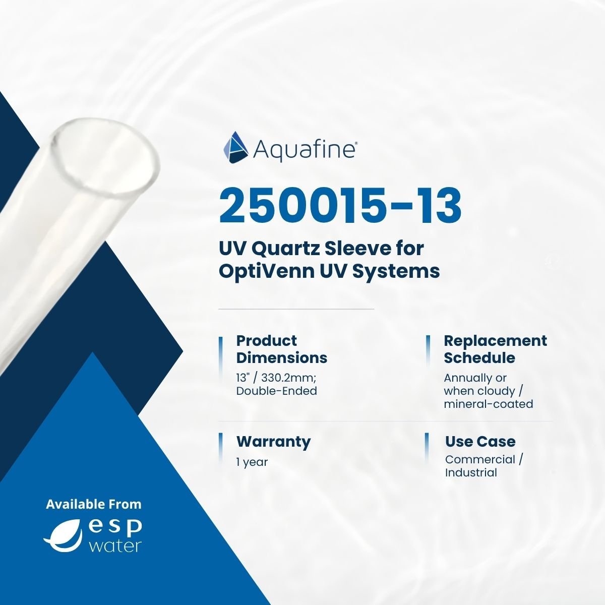 Aquafine 250015-13 13-inch quartz sleeve specifications for VL series UV systems