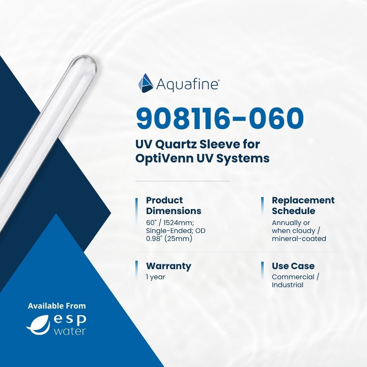 Aquafine 908116-060 60-inch quartz sleeve specifications for OptiVenn systems