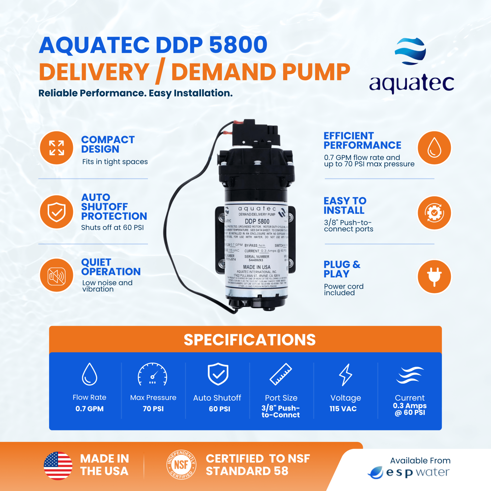 Aquatec 5800 demand pump specifications and features with 0.7 GPM flow and 60 PSI output