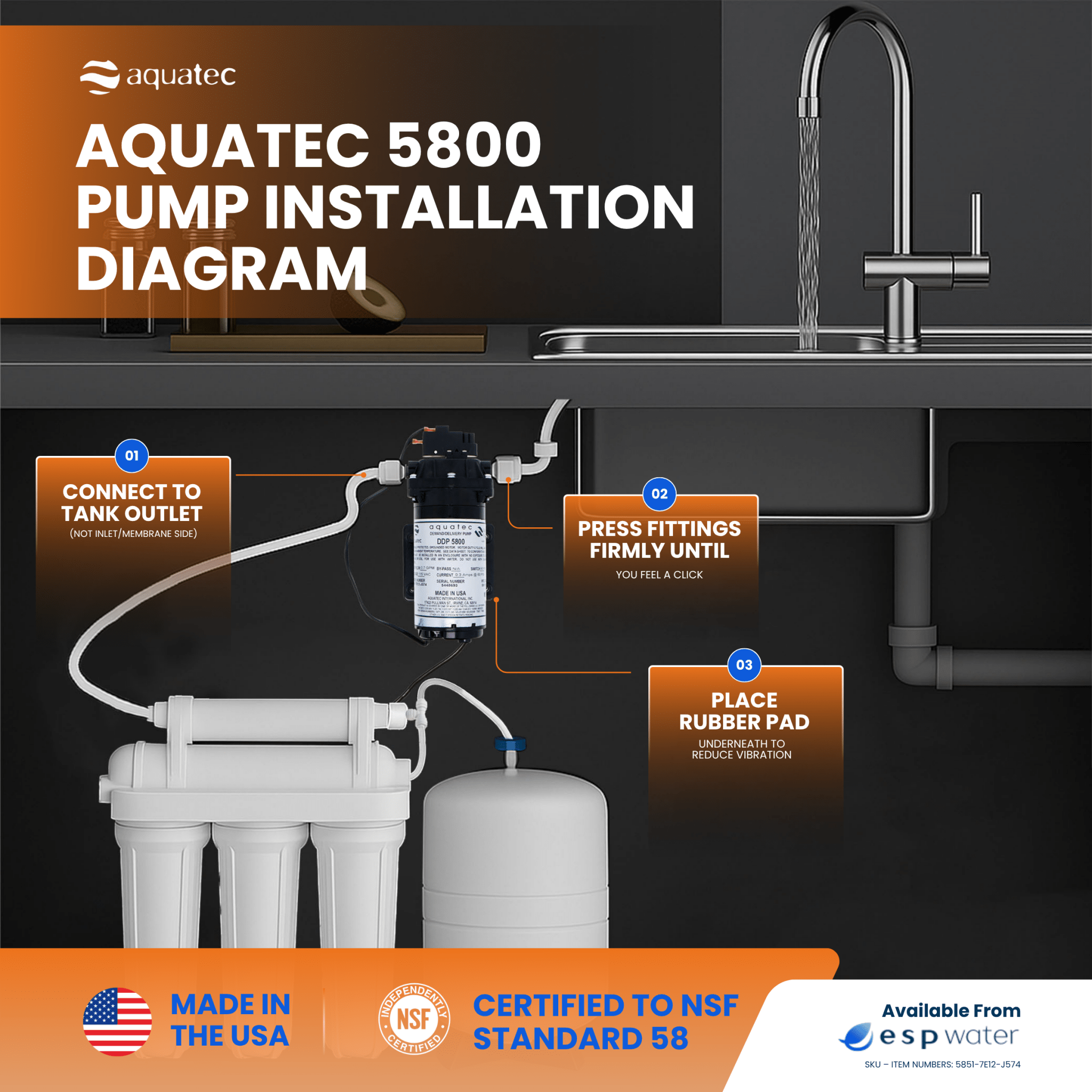 Aquatec 5800 demand pump installation diagram with 3/8-inch push-to-connect tubing