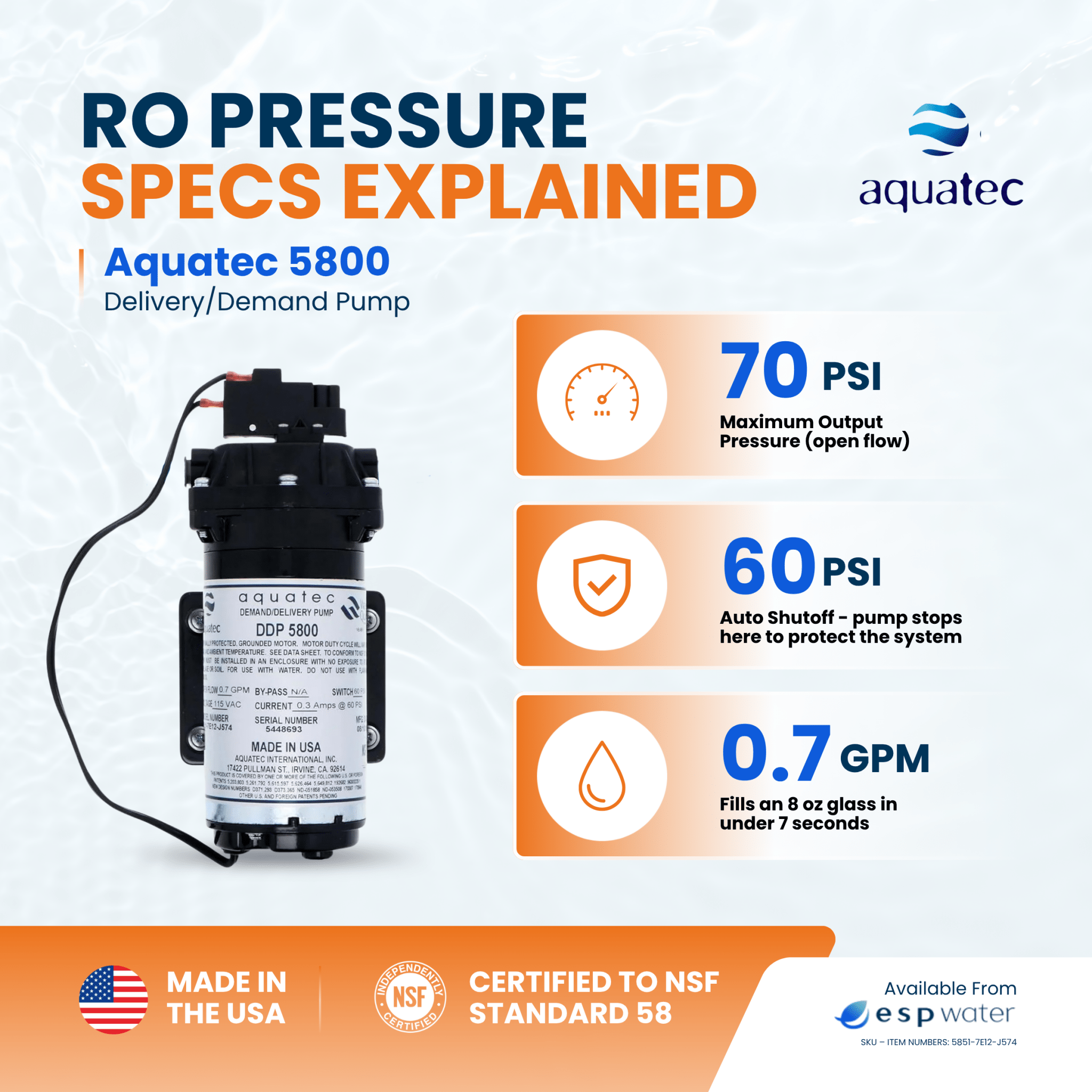 Aquatec 5800 demand pump pressure and flow specifications for reverse osmosis water delivery