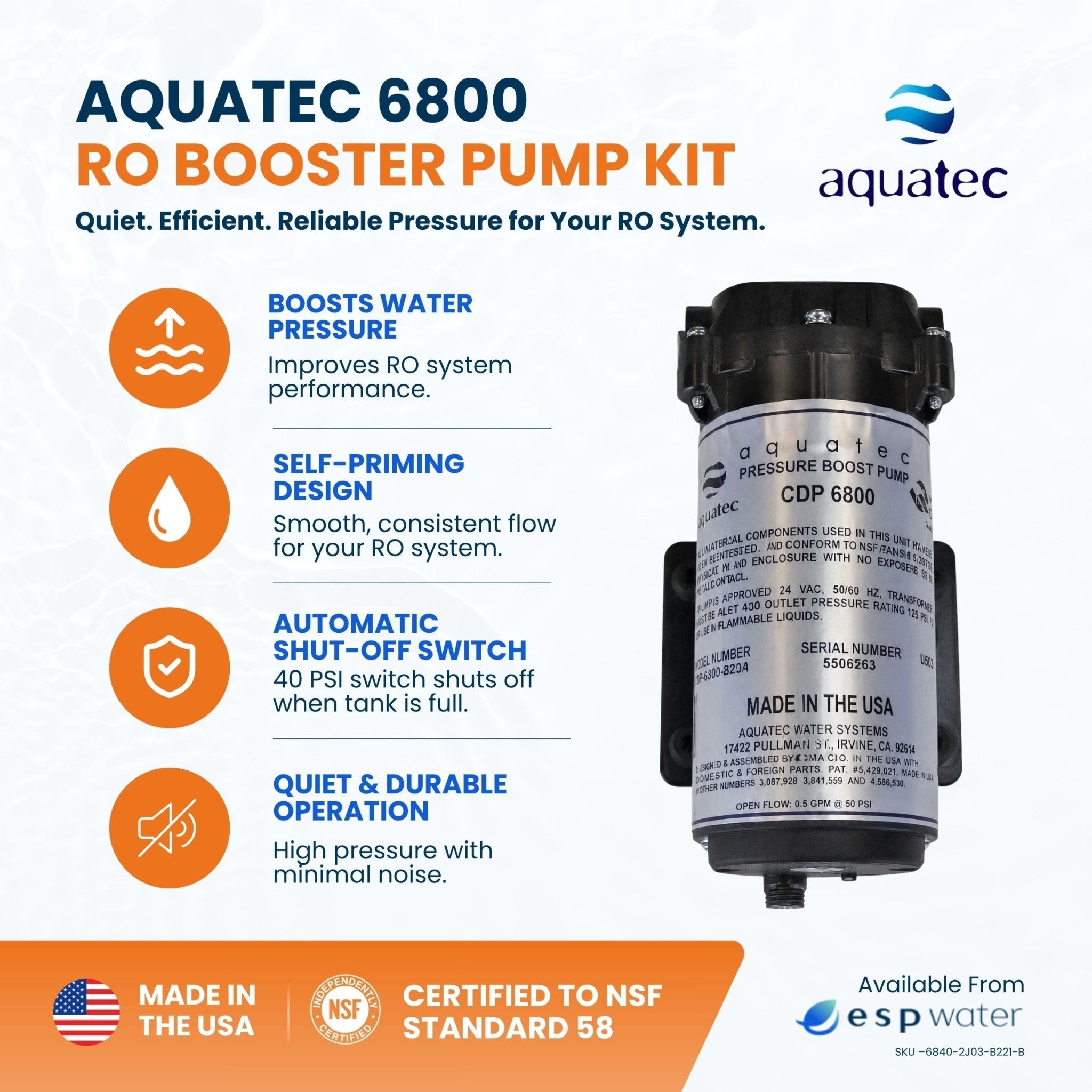 Aquatec 6800 RO Booster Pump Kit with Pressure Switch and Transformer 1/4 Inch Fittings 50 GPD 6840-2J03-B221-B - ESP Water