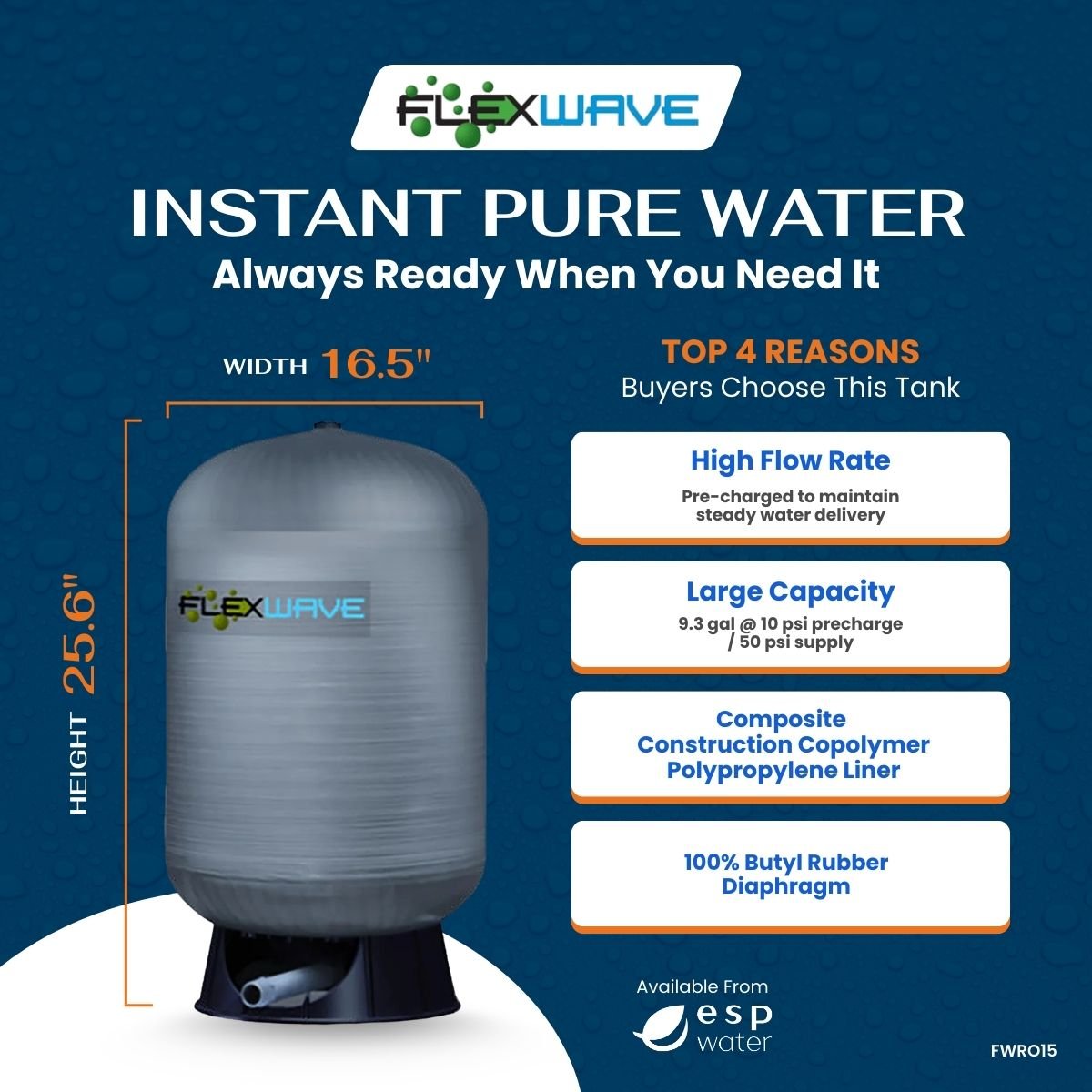 Flexwave Composite FWRO15 RO Pressurized Tank 1" NPT 15 - Gal FWRO15 - ESP Water