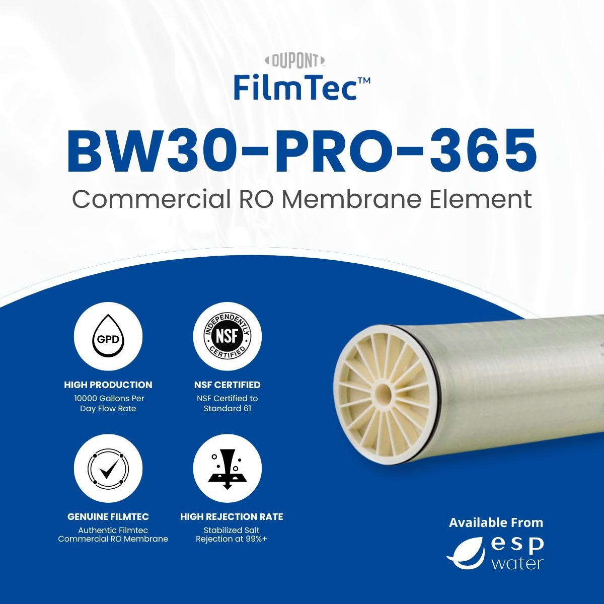 FilmTec BW30 PRO - 365 RO Membrane, Brackish, 10000 GPD, 600 PSI, 8"x40" BW30-PRO-365 - ESP Water