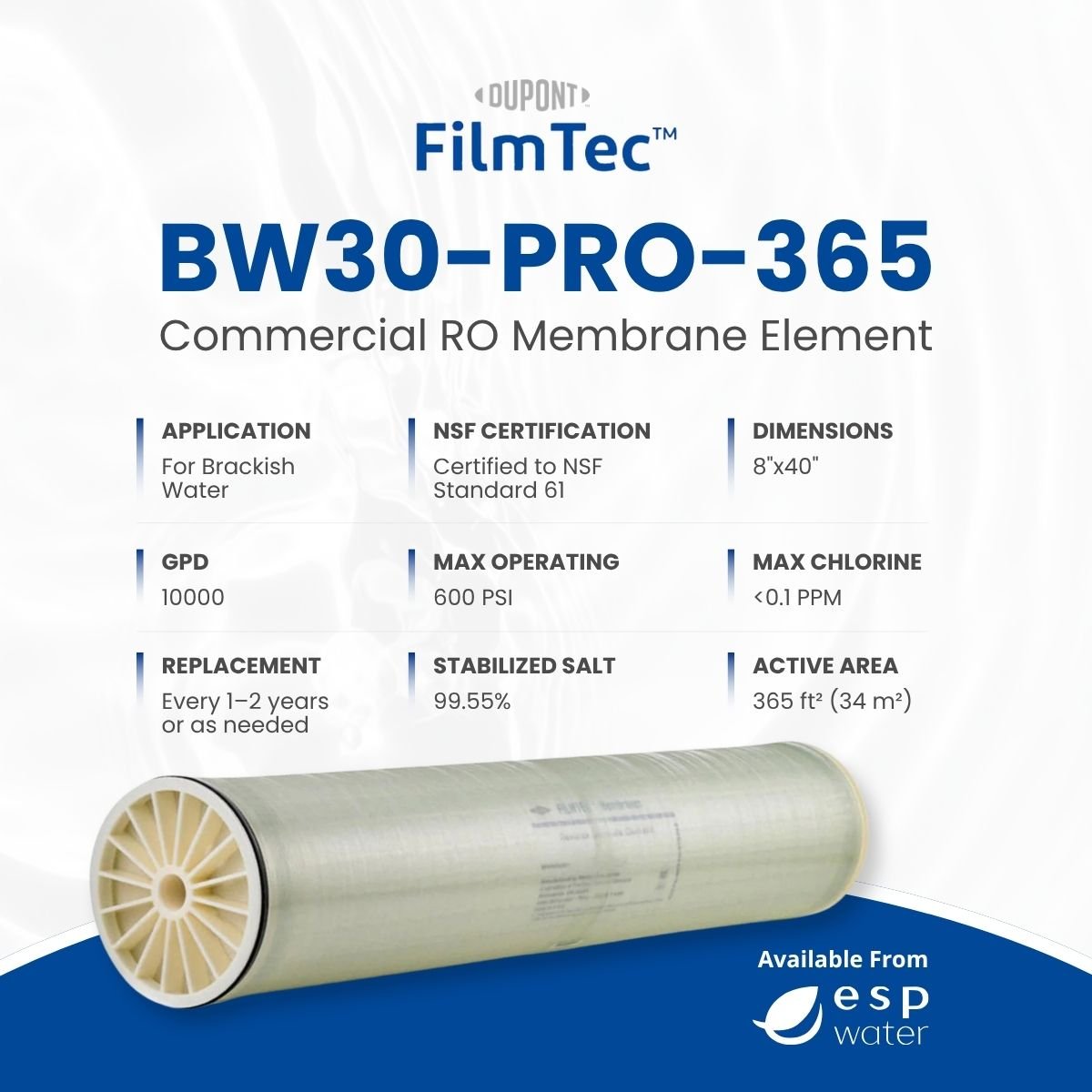 FilmTec BW30 PRO - 365 RO Membrane, Brackish, 10000 GPD, 600 PSI, 8"x40" BW30-PRO-365 - ESP Water