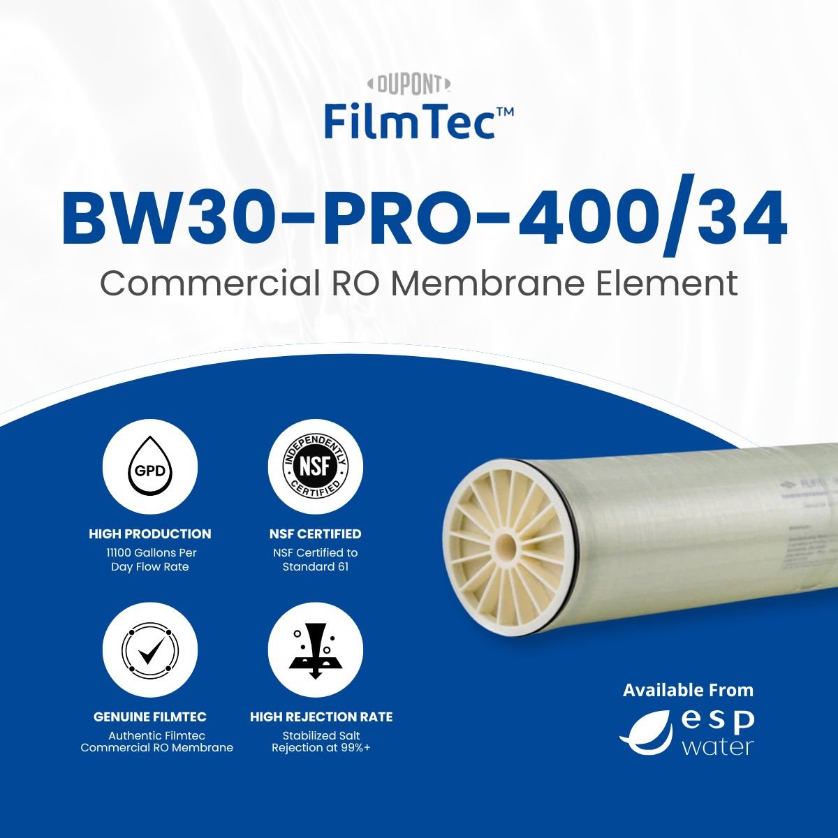FilmTec BW30 PRO - 400/34 Membrane, Brackish, 11100 GPD, 600 PSI, 8"x40" BW30-PRO-400/34 - ESP Water