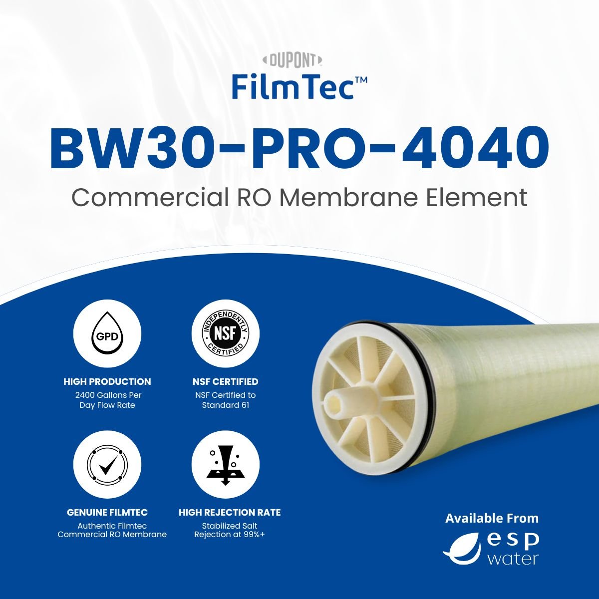 FilmTec BW30 PRO - 4040 RO Membrane Brackish 2400 GPD, 600 PSI, 4"x40" BW30-PRO-4040 - ESP Water