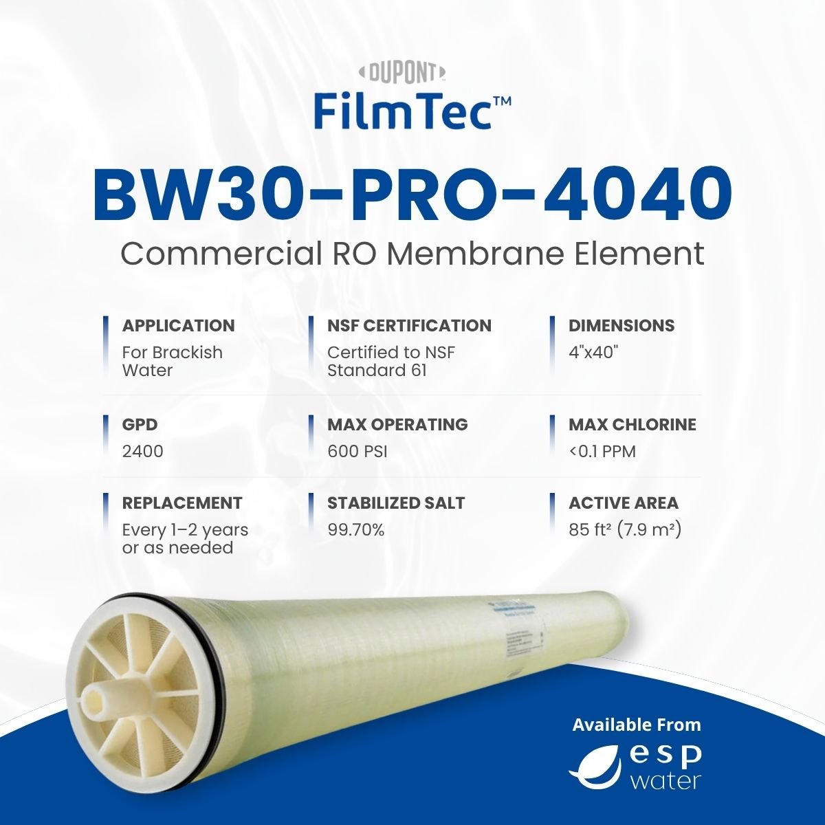 FilmTec BW30 PRO - 4040 RO Membrane Brackish 2400 GPD, 600 PSI, 4"x40" BW30-PRO-4040 - ESP Water