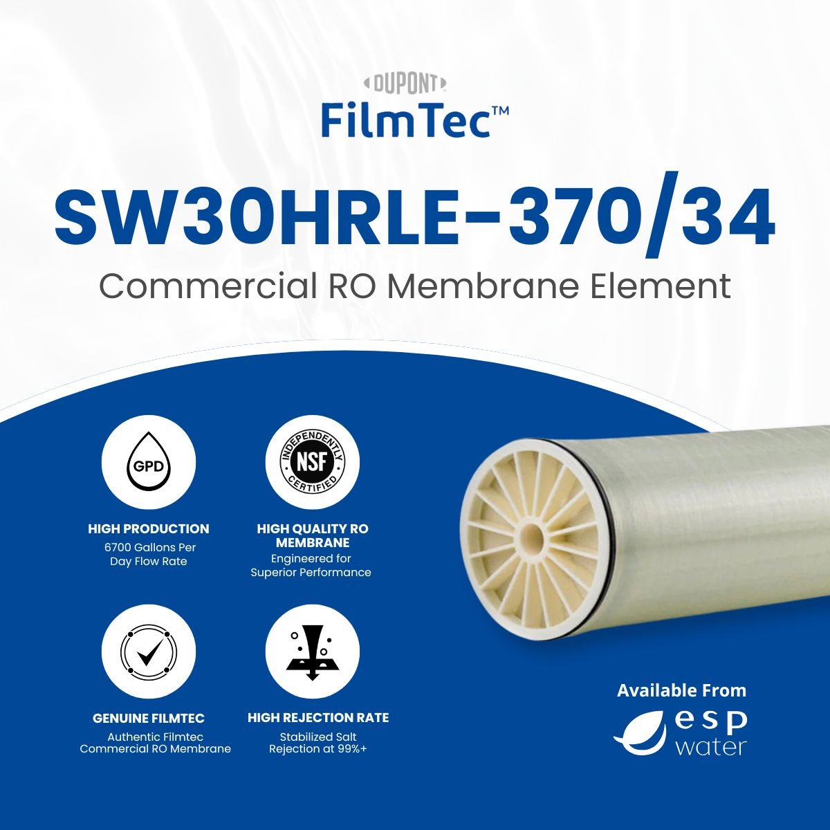 FilmTec SW30HRLE - 370/34 RO Membrane Seawater 6700 GPD 8"x40" SW30HRLE-370/34 - ESP Water