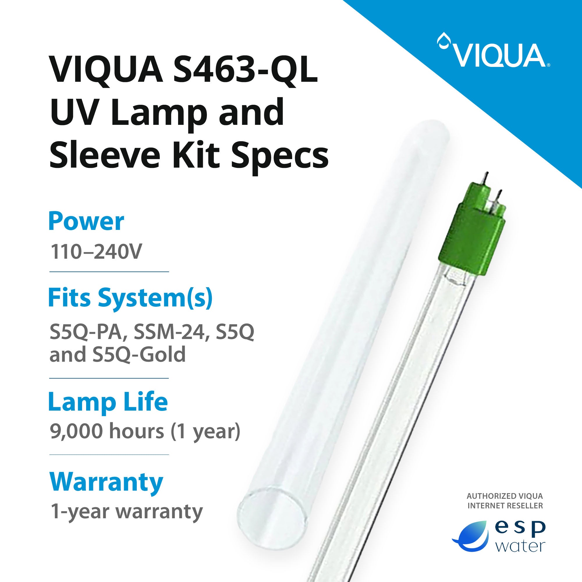 VIQUA S463-QL lamp and quartz sleeve specifications with 12-month lamp and 24-month sleeve replacement guidance