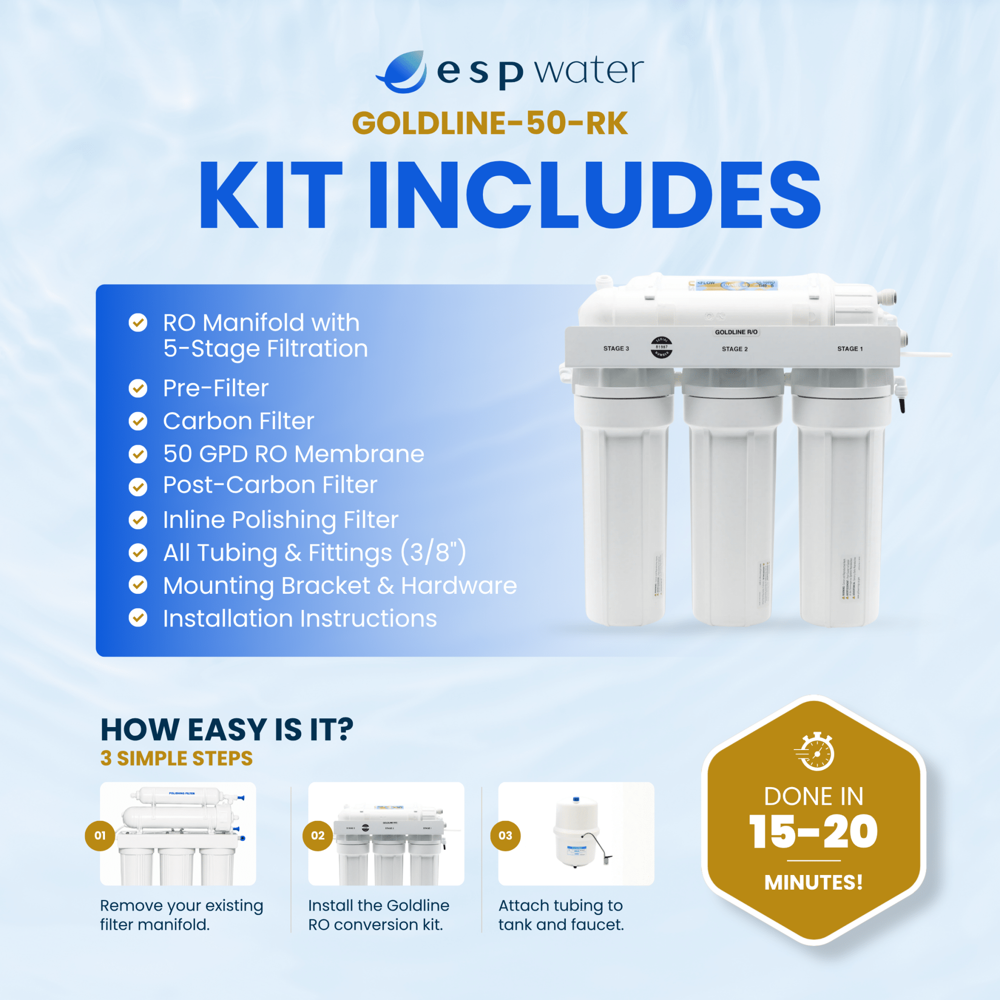 Goldline GOLDLINE-50-RK reverse osmosis conversion kit contents