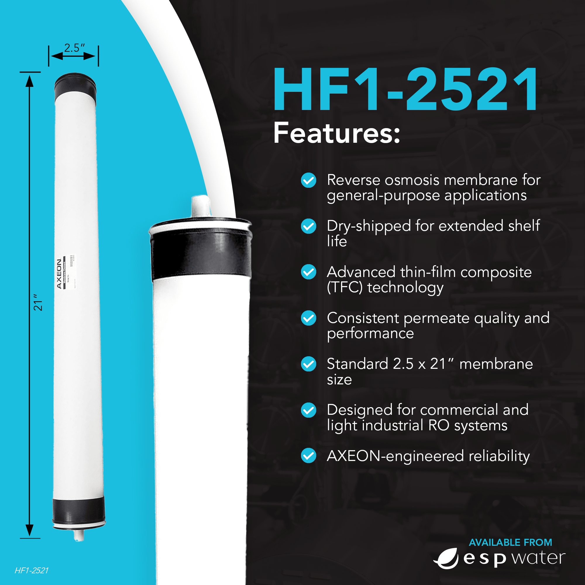 AXEON HF1-2521 membrane features and 400 GPD performance at 150 PSI