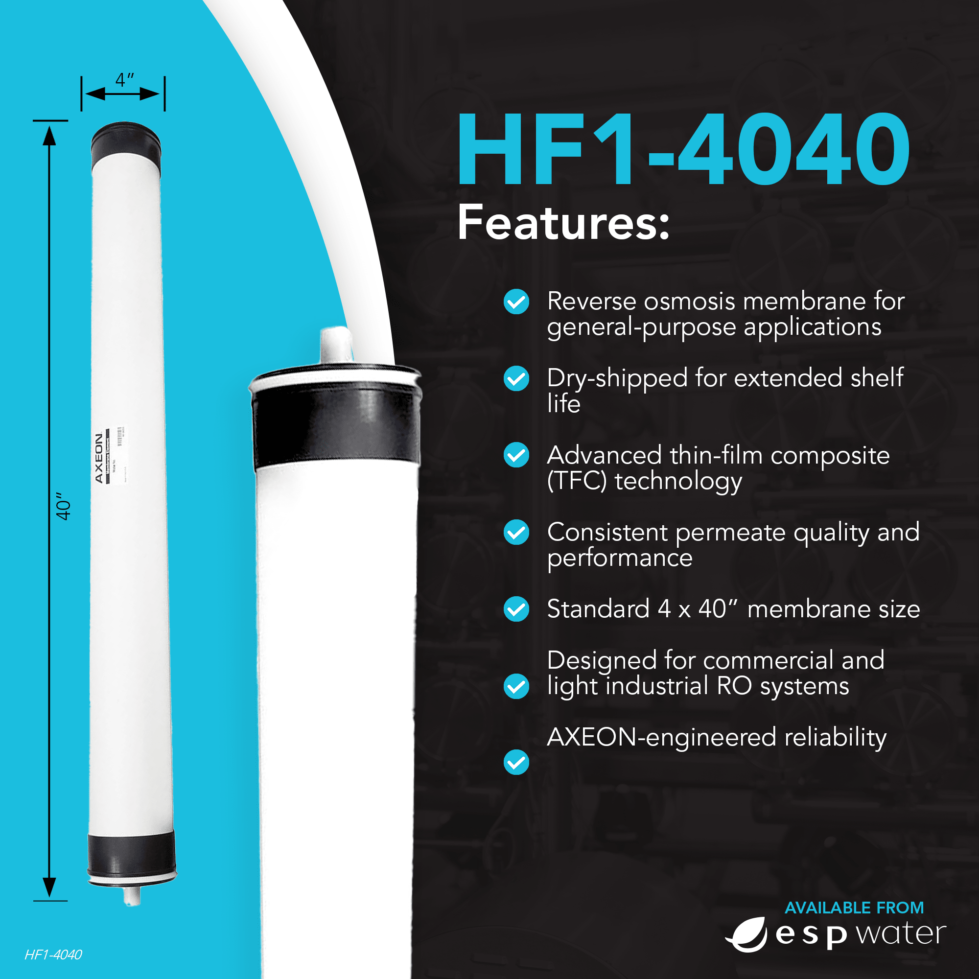 AXEON HF1-4040 membrane features with 2500 GPD production at 150 PSI