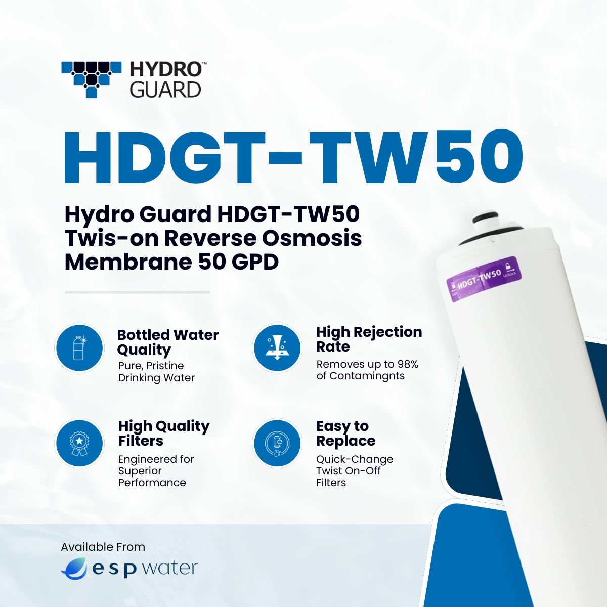 Hydro Guard HDGT-TW50 RO membrane benefits with built-in flow restrictor and check valve