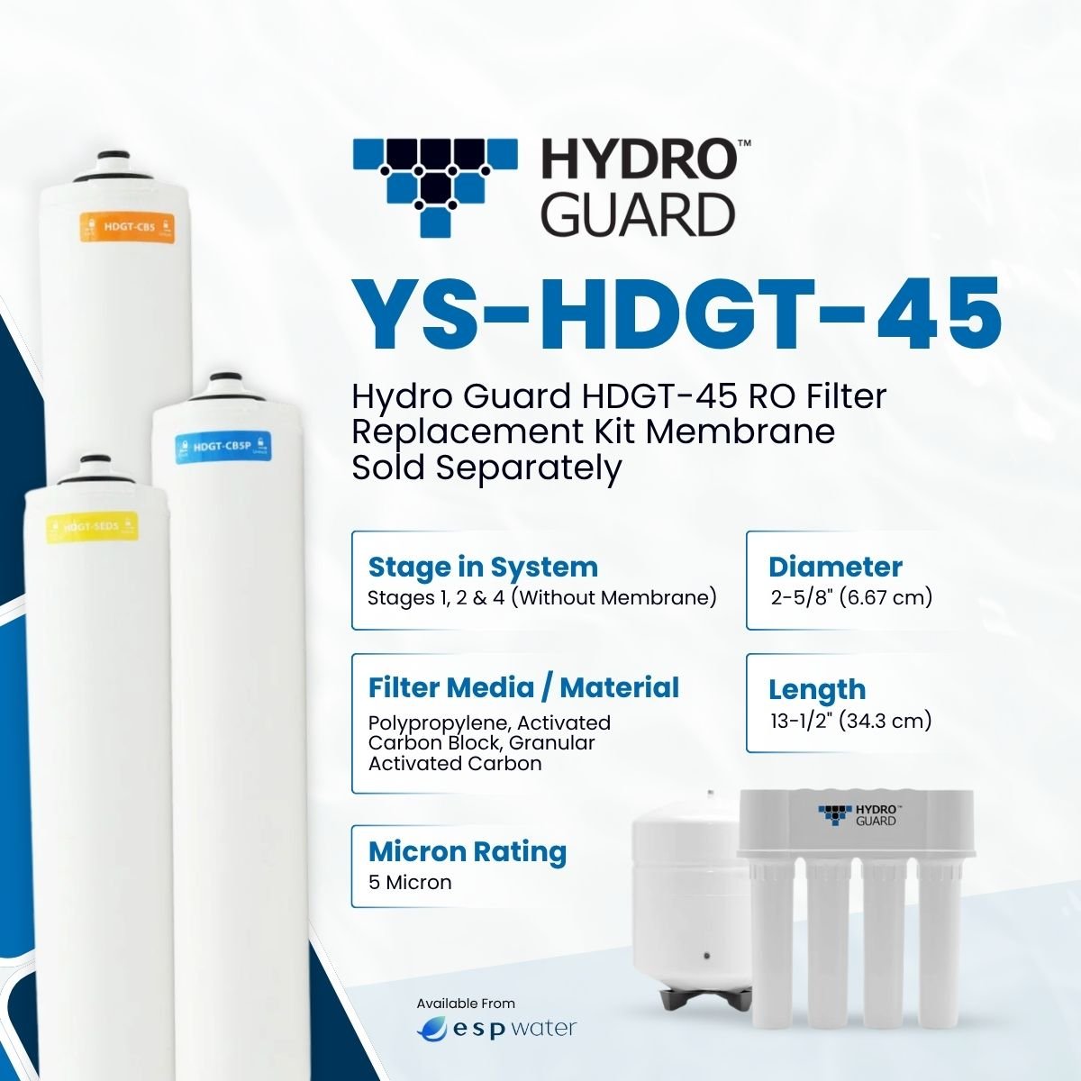Hydro Guard YS-HDGT-45 replacement filter kit specifications without RO membrane