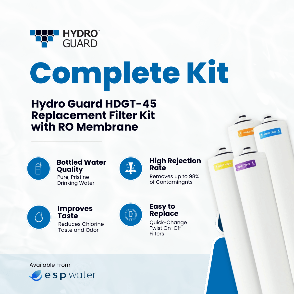 Hydro Guard HDGT-45 complete RO replacement kit benefits with sediment, carbon and 50 GPD membrane stages