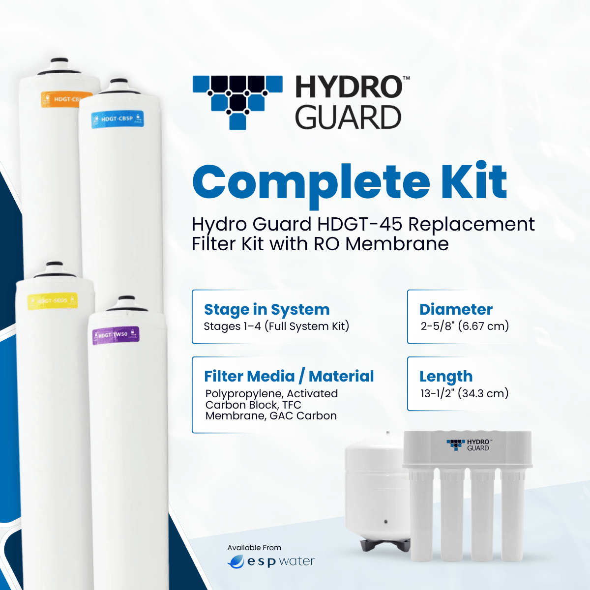 Hydro Guard HDGT-45 replacement filter kit specifications with 50 GPD RO membrane