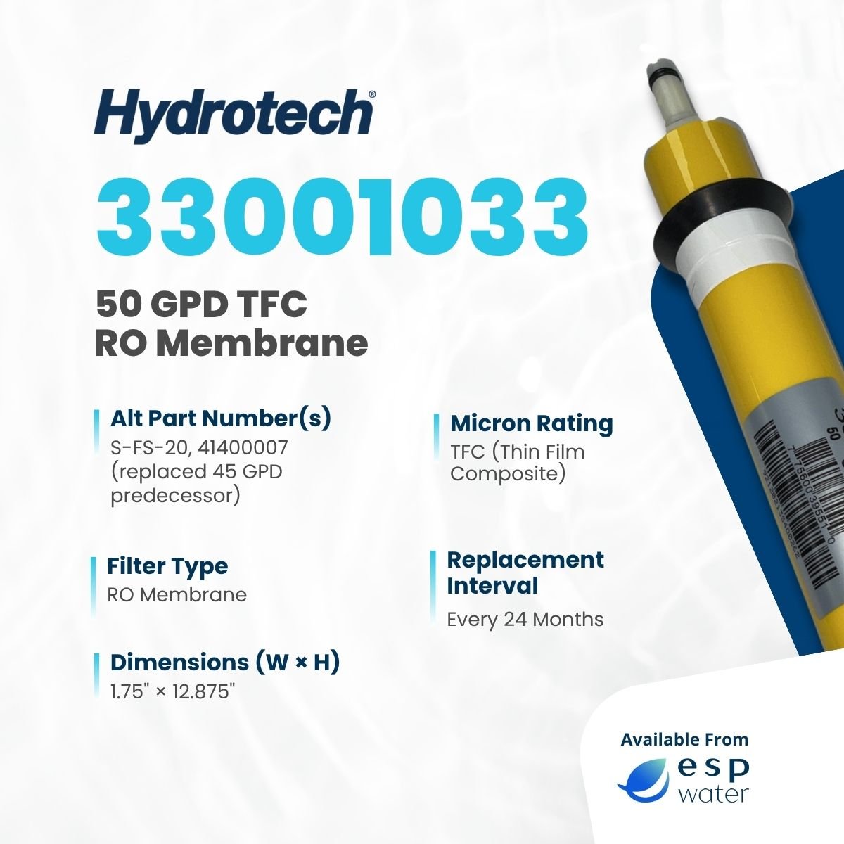 Hydrotech 33001033 50 GPD reverse osmosis membrane technical specifications