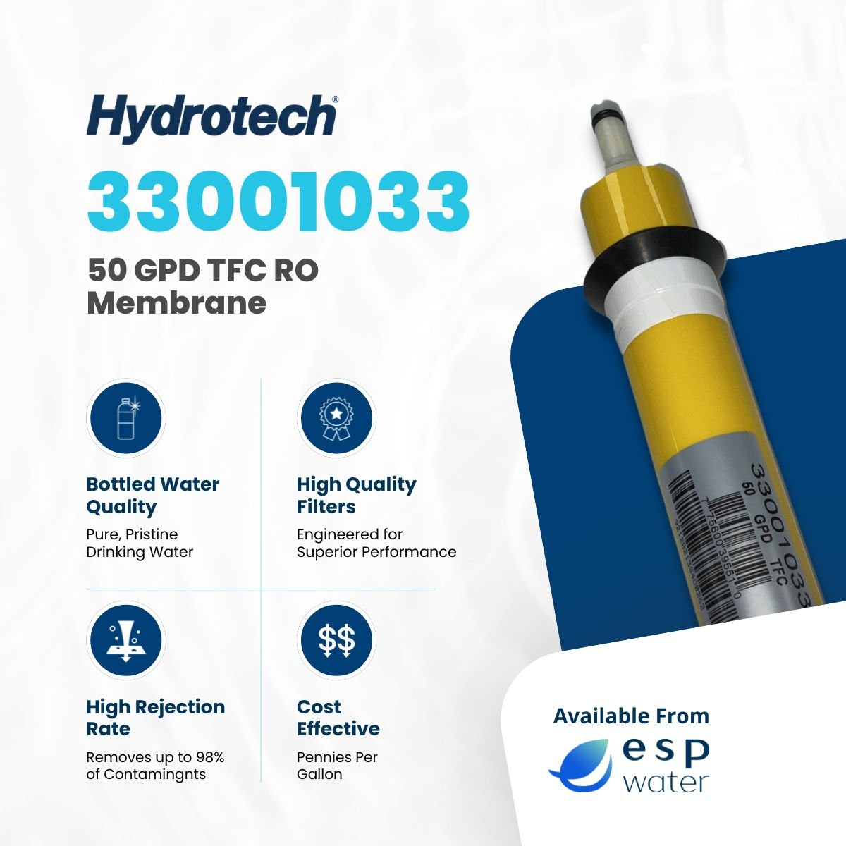 Hydrotech 33001033 50 GPD RO membrane benefits for compatible 1240 and HT Series systems