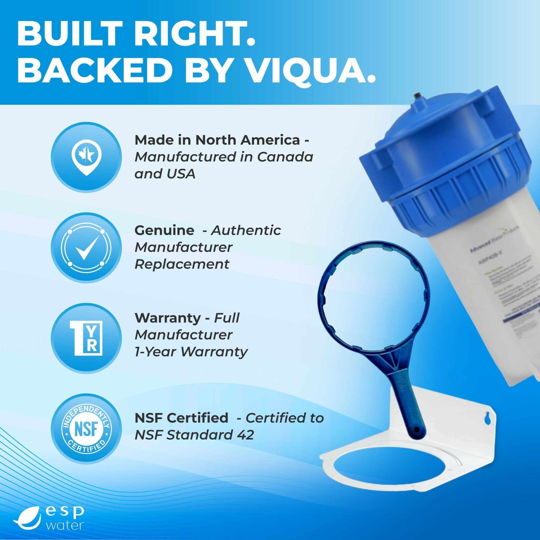 VIQUA AWP40B-V filter housing specifications with 1-inch FPT ports for 4.5 x 10 inch cartridges