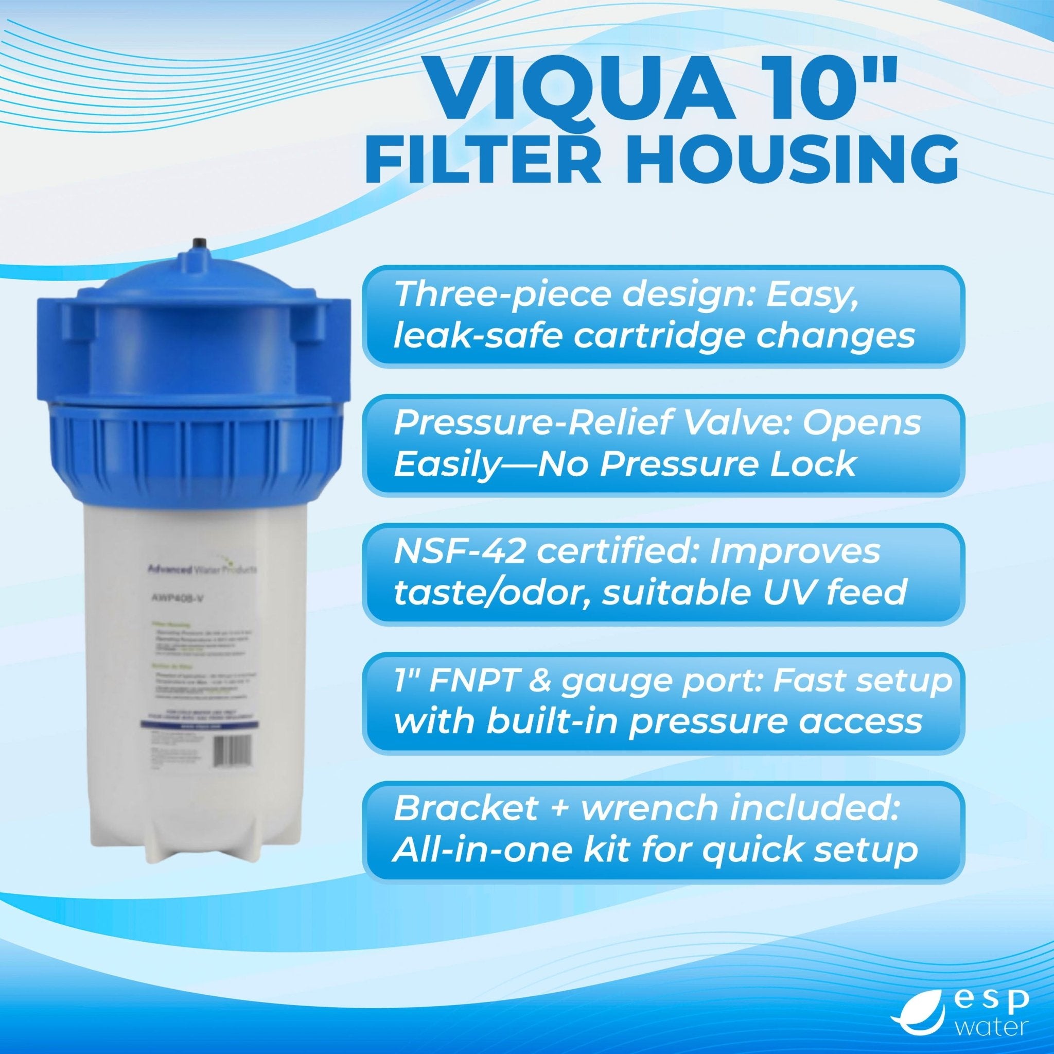 VIQUA AWP40B-V filter housing installation with mounting bracket and 1-inch FPT connections