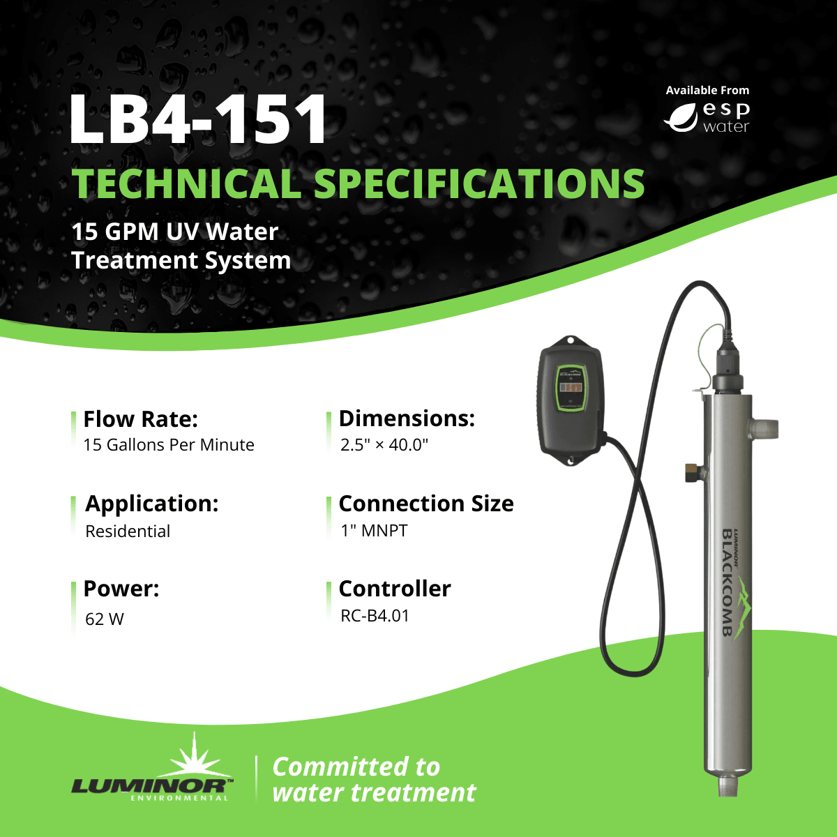 LUMINOR LB4-151 15 GPM UV water treatment system technical specifications