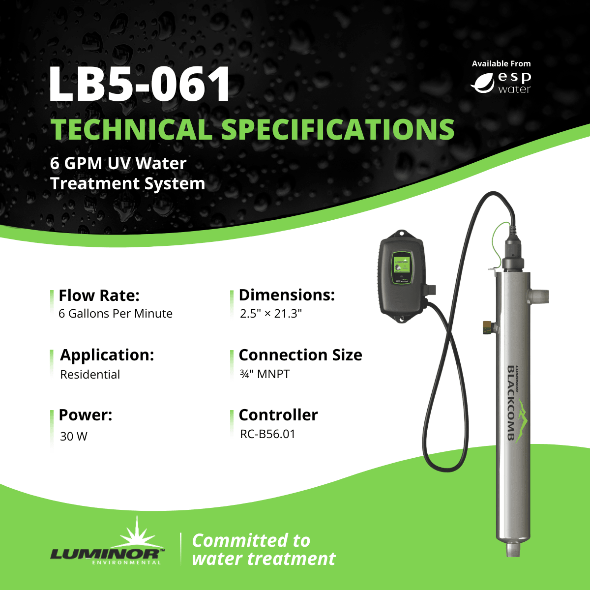 LUMINOR LB5-061 6 GPM UV water treatment system technical specifications