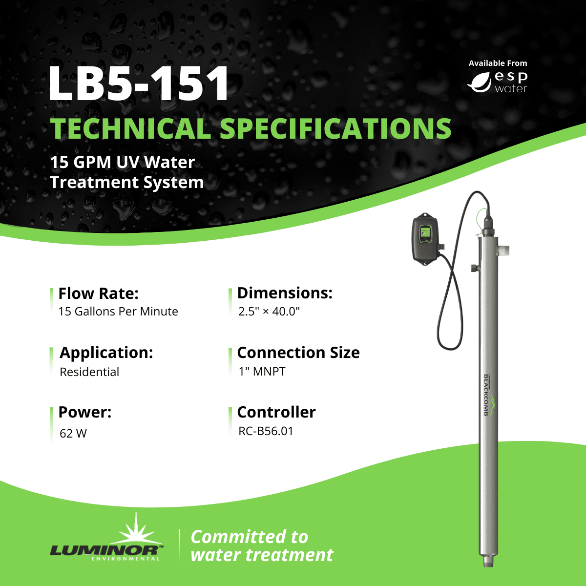 LUMINOR LB5-151 technical specifications for 15 GPM whole-home ultraviolet water treatment