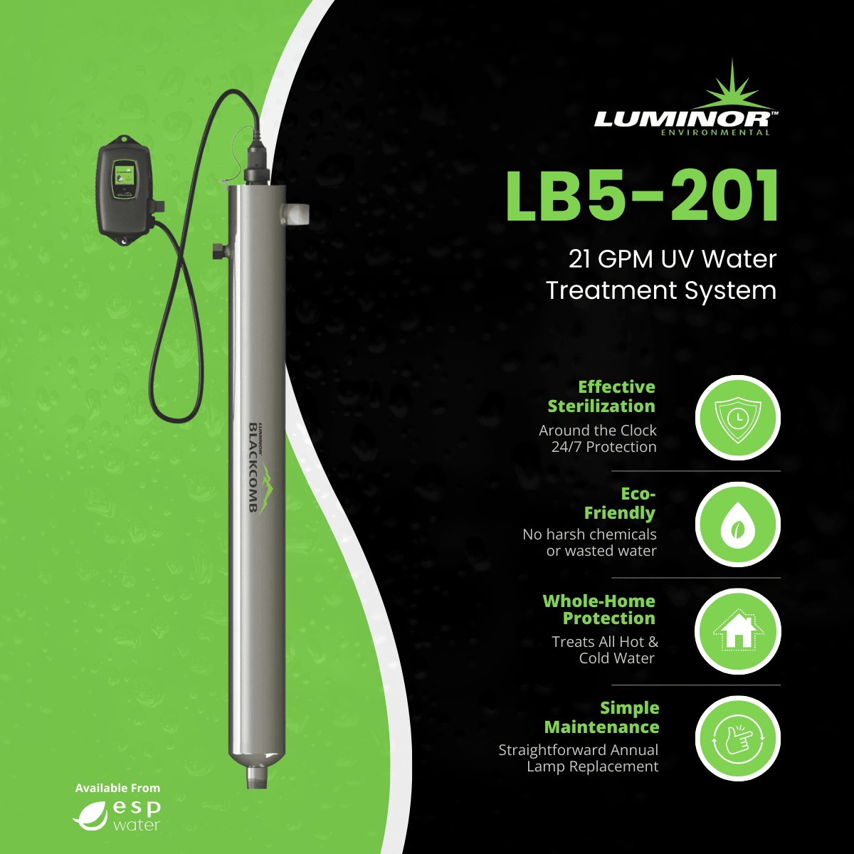 LUMINOR BLACKCOMB 5.1 LB5-201 UV system benefits for 21 GPM whole-home water treatment