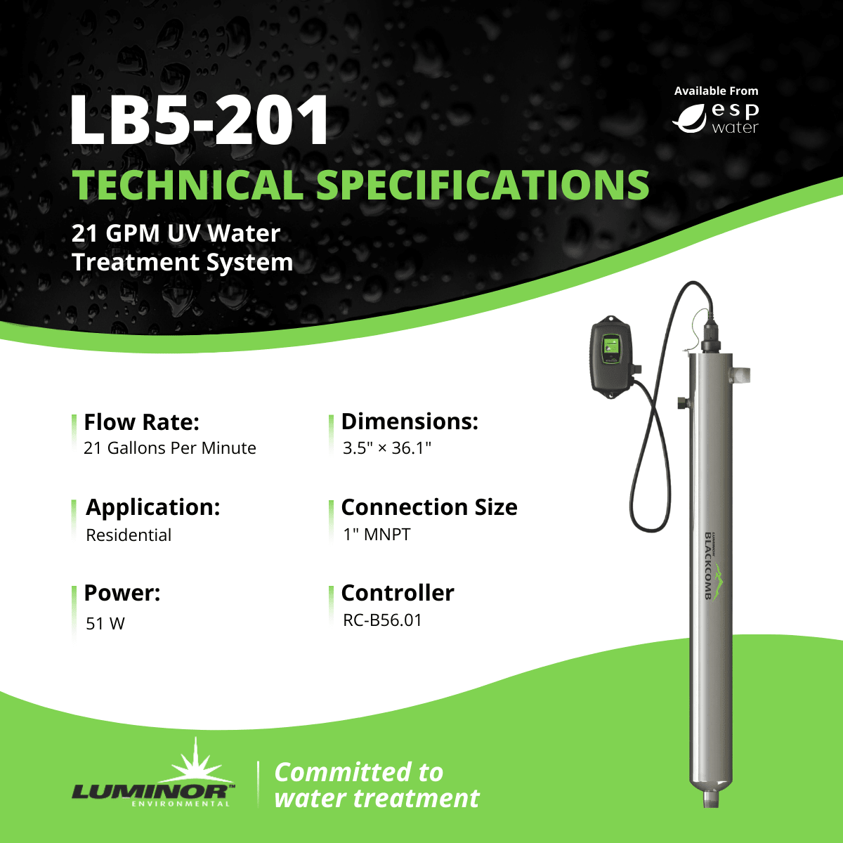 LUMINOR LB5-201 technical specifications for 21 GPM whole-home ultraviolet water treatment