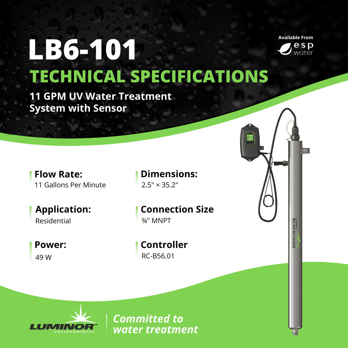 Luminor Blackcomb 6.1 LB6 - 101 UV System with Sensor 10 GPM 3/4" MNPT LB6-101 - ESP Water