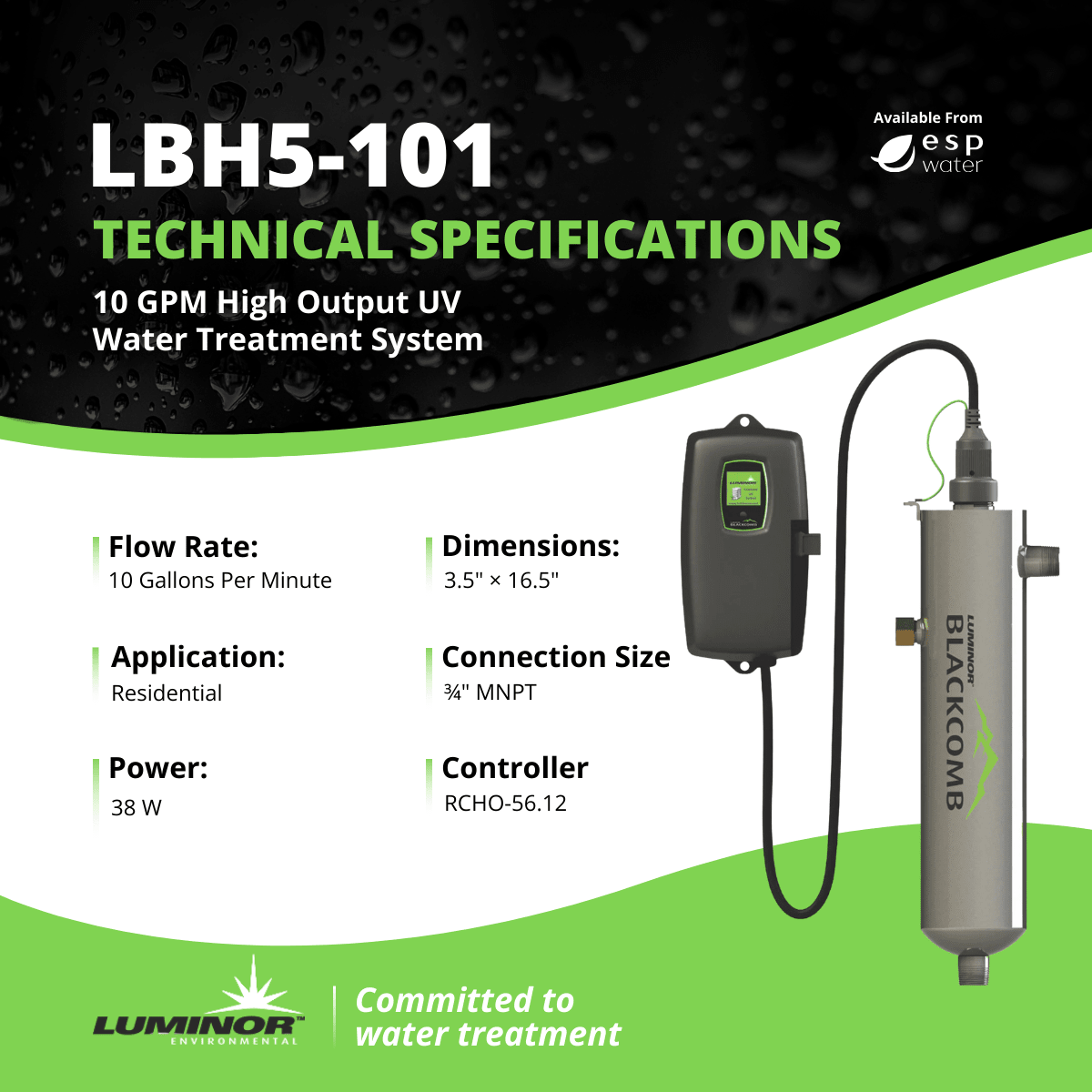 LUMINOR LBH5-101 10 GPM UV water treatment system technical specifications