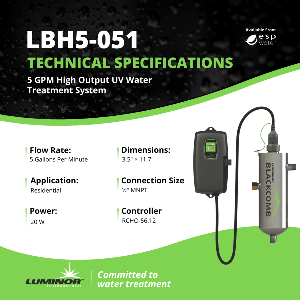 Luminor Blackcomb - HO 5.1 LBH5 - 051 UV System 5 GPM 1/2" MNPT LBH5-051 - ESP Water