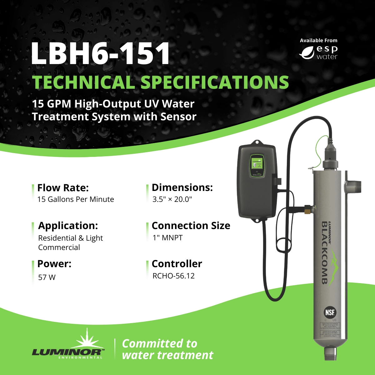 Luminor Blackcomb - HO 6.1 LBH6 - 151 UV System with Sensor 15 GPM 1" MNPT LBH6-151 - ESP Water