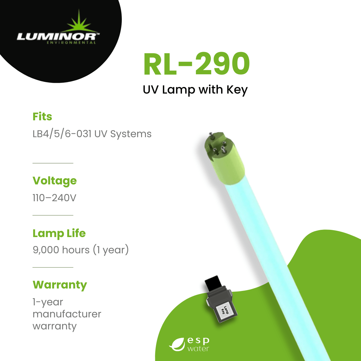 LUMINOR RL-290 UV replacement lamp specifications with 9,000-hour rated lamp life