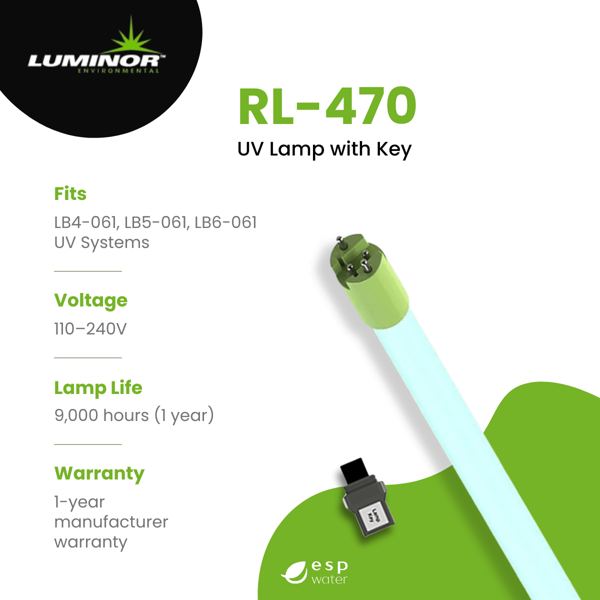 LUMINOR RL-470 UV replacement lamp specifications with 9,000-hour rated lamp life