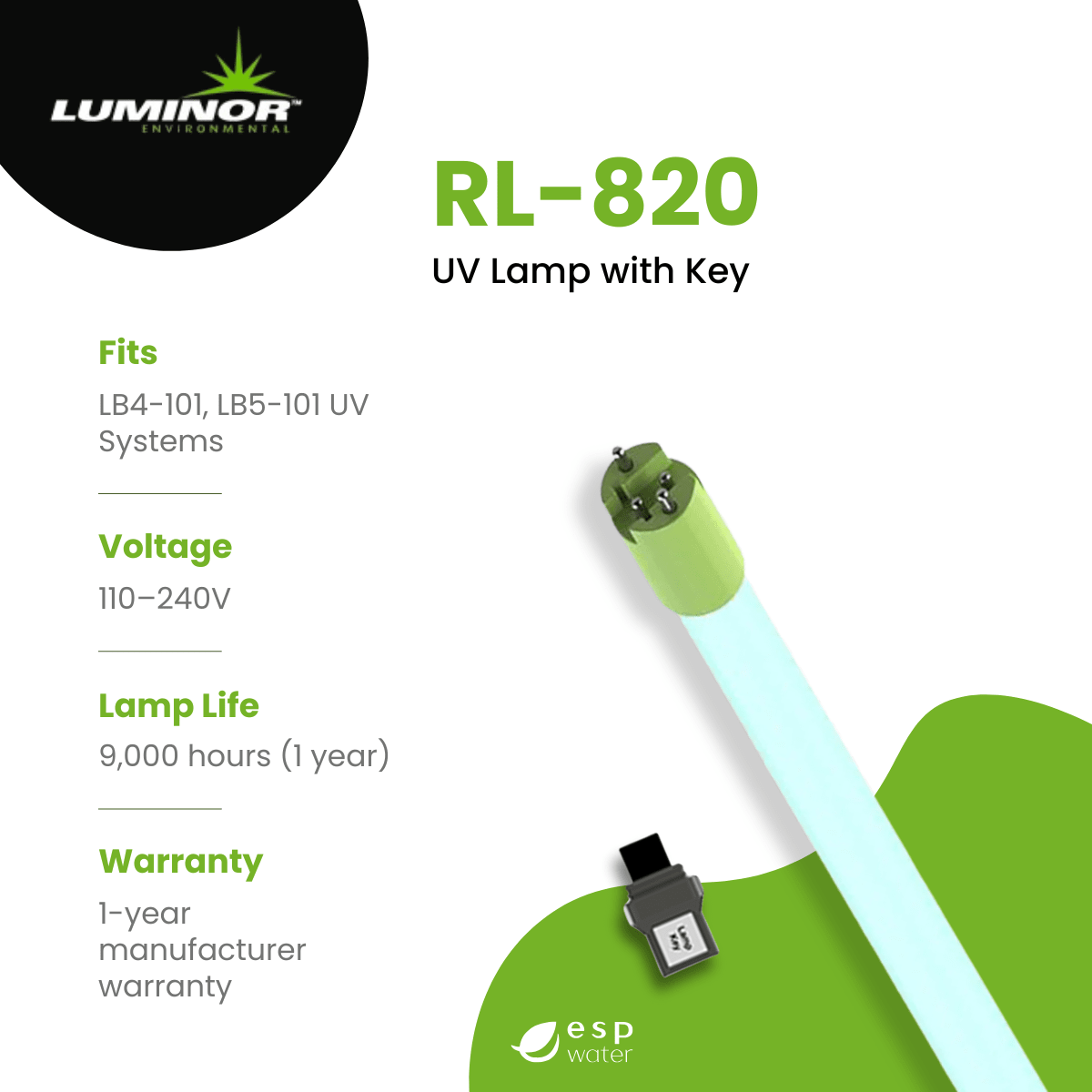 Luminor RL-820 replacement UV lamp specifications with 9,000-hour rated lamp life