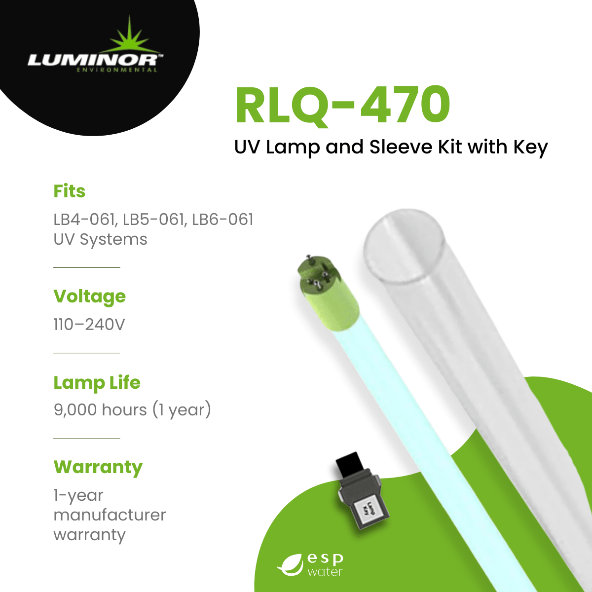 LUMINOR RLQ-470 UV lamp and sleeve replacement kit specifications