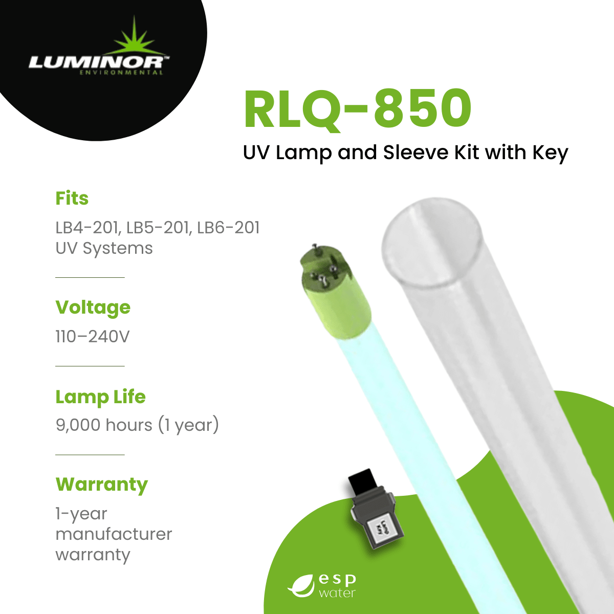 LUMINOR RLQ-850 replacement UV lamp and quartz sleeve kit specifications
