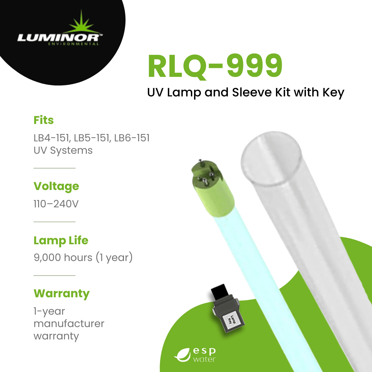 LUMINOR RLQ-999 UV lamp and quartz sleeve replacement kit specifications