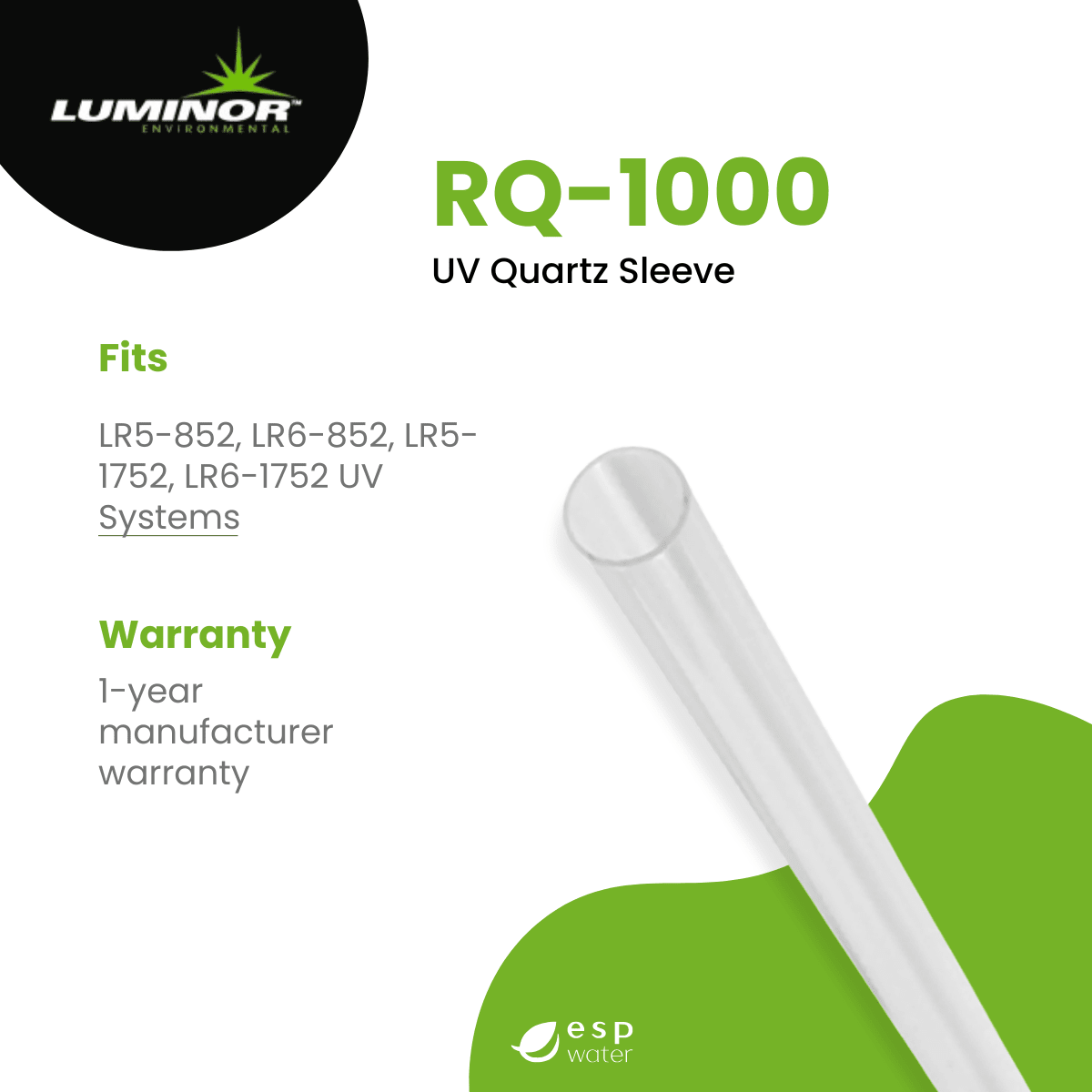 LUMINOR RQ-1000 replacement quartz sleeve specifications for Rainier UV systems