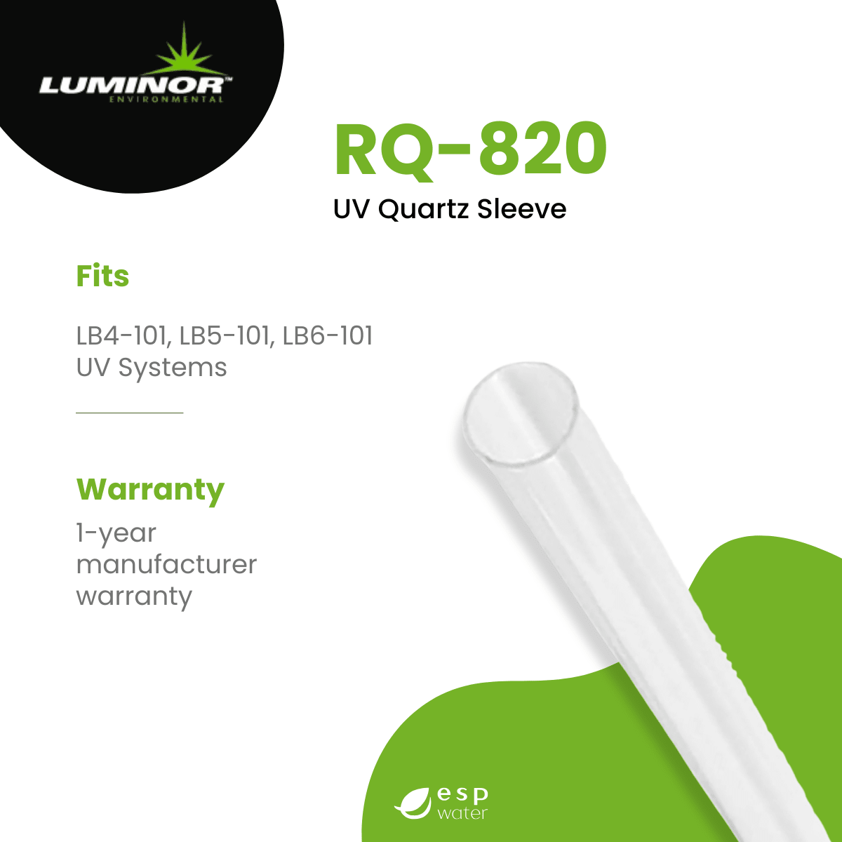 LUMINOR RQ-820 replacement UV quartz sleeve specifications