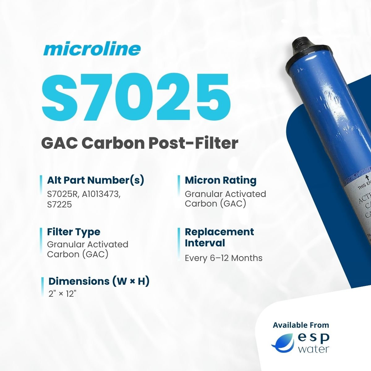 Microline S7025 technical specifications for a 2 x 12 inch GAC post-filter