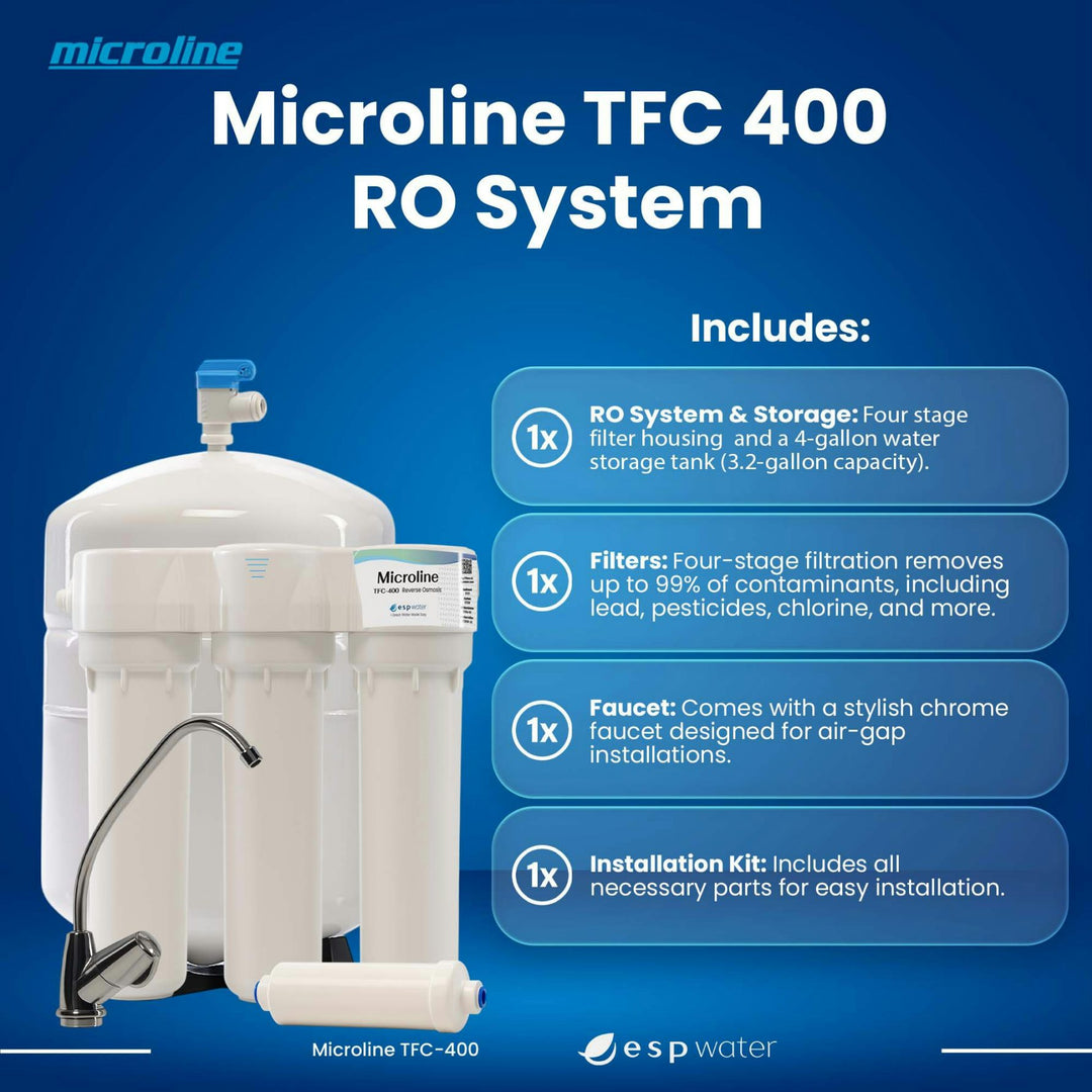 Microline TFC-400 RO system kit contents with storage tank, filters, faucet and installation components