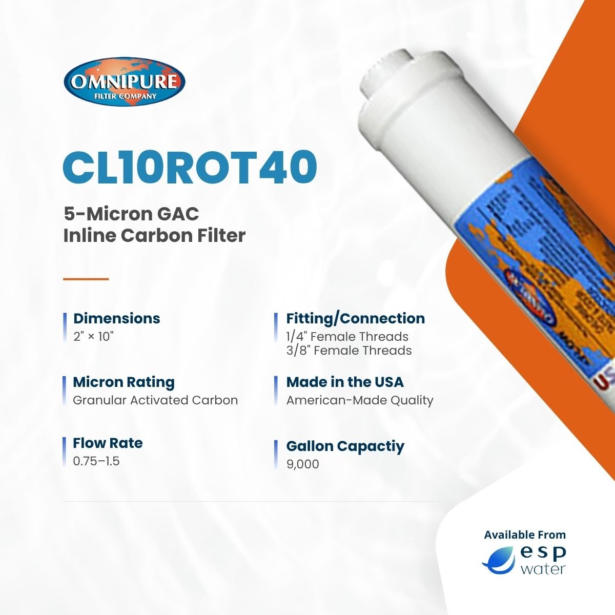 Omnipure CL10ROT40 specifications for a 5-micron 2 x 10 inch granular activated carbon inline filter